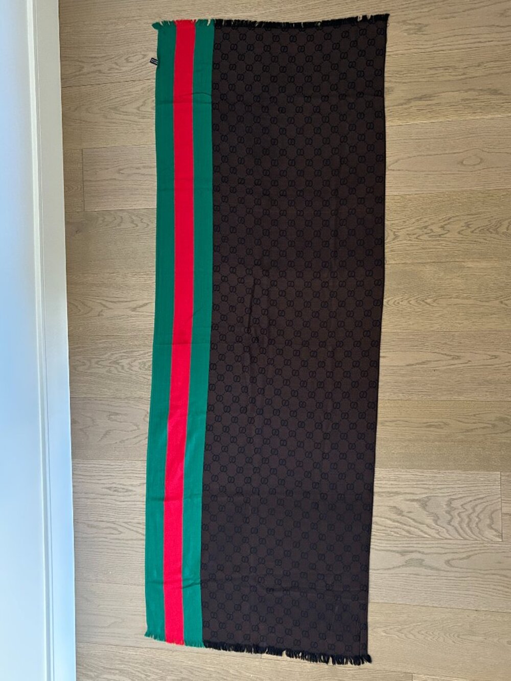Gucci GG Monogram Cashmere Silk Web Stripe Scarf Shawl 73" x 27", Made in France